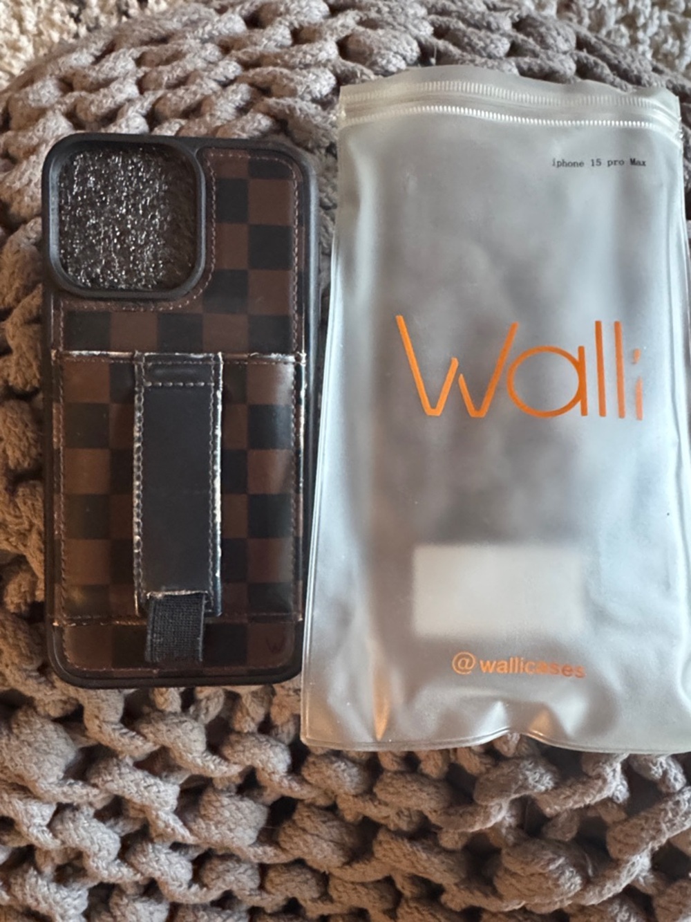 Wallli Brown and Black Checkered Wallet Phone15 pro max Case with Strap